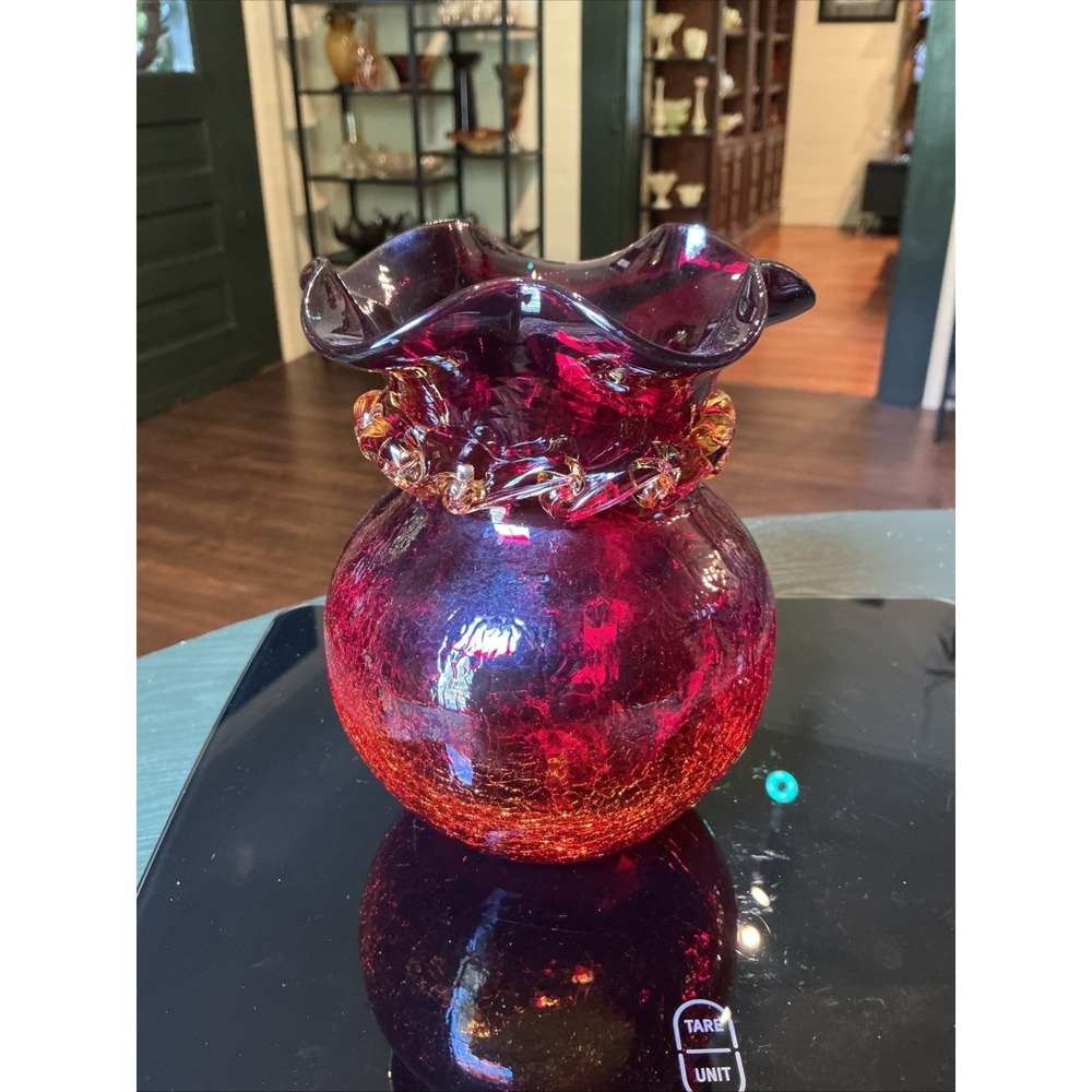Vintage MCM Amberina Red Crackle Glass 6" Vase Ruffled‎ Rim Applied Rigaree